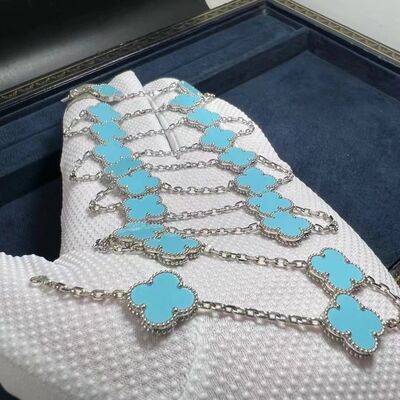 18k White Gold Turquoise Necklace Custom 18k Gold Jewelry Long Van Cleef Alhambra Turquoise