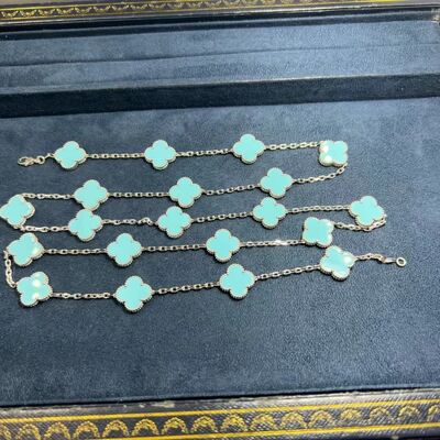 18k White Gold Turquoise Necklace Custom 18k Gold Jewelry Long Van Cleef Alhambra Turquoise