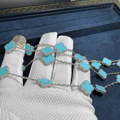 18k White Gold Turquoise Necklace Custom 18k Gold Jewelry Long Van Cleef Alhambra Turquoise