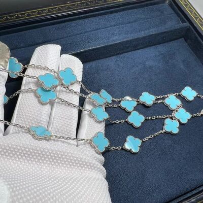 18k White Gold Turquoise Necklace Custom 18k Gold Jewelry Long Van Cleef Alhambra Turquoise