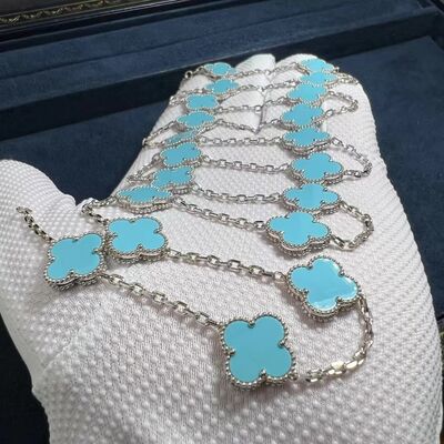 18k White Gold Turquoise Necklace Custom 18k Gold Jewelry Long Van Cleef Alhambra Turquoise