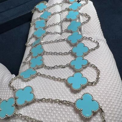 18k White Gold Turquoise Necklace Custom 18k Gold Jewelry Long Van Cleef Alhambra Turquoise