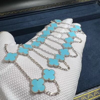 18k White Gold Turquoise Necklace Custom 18k Gold Jewelry Long Van Cleef Alhambra Turquoise