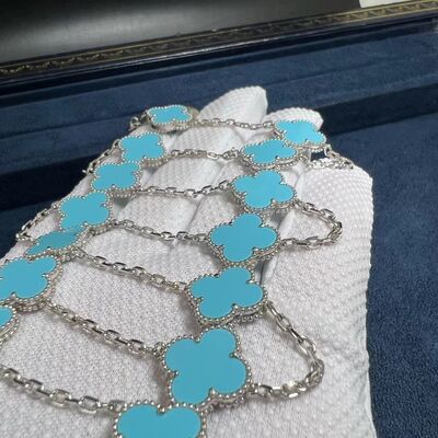 18k White Gold Turquoise Necklace Custom 18k Gold Jewelry Long Van Cleef Alhambra Turquoise