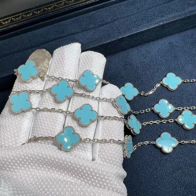 18k White Gold Turquoise Necklace Custom 18k Gold Jewelry Long Van Cleef Alhambra Turquoise