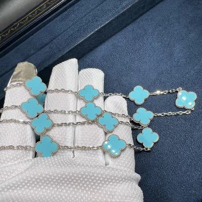 18k White Gold Turquoise Necklace Custom 18k Gold Jewelry Long Van Cleef Alhambra Turquoise