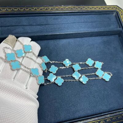 18k White Gold Turquoise Necklace Custom 18k Gold Jewelry Long Van Cleef Alhambra Turquoise