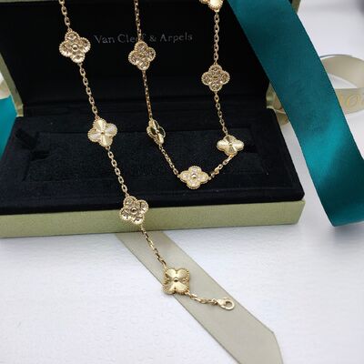 VCA 18K Gold Necklaces With Natural Diamond Stone Vintage Alhambra Long Necklace