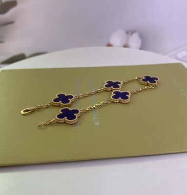 VCA 18crt Gold Bracelet Yellow Gold Bangle 5 Motifs 18k Charm Bracelet With Lapis Lazuli