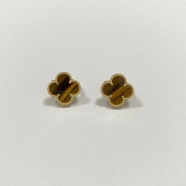 Van Cleef Arpels 15MM 18k Gold Earrings Vintage Alhambra  Tigers Eye Stud Earrings