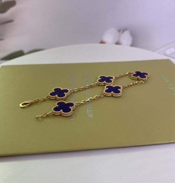 VCA 18crt Gold Bracelet Yellow Gold Bangle 5 Motifs 18k Charm Bracelet With Lapis Lazuli